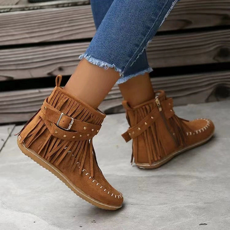 Damen Fransen-Boots im Mokassinstil mit Ziernähten, Schnallenriemen und seitlichem Reißverschluss Nord Taschen