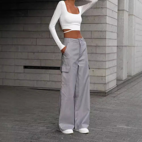 Damen Weite High-Waist Cargo-Hose mit Oversized-Silhouette und Klappentaschen Nord Taschen