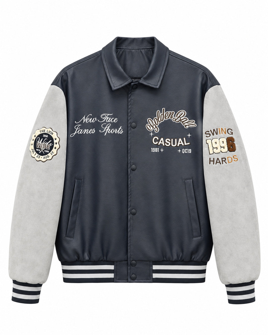 Herren Varsity-Lederoptik Collegejacke mit Kontrastärmeln, gestickten Patches und geripptem Saum Nord Taschen