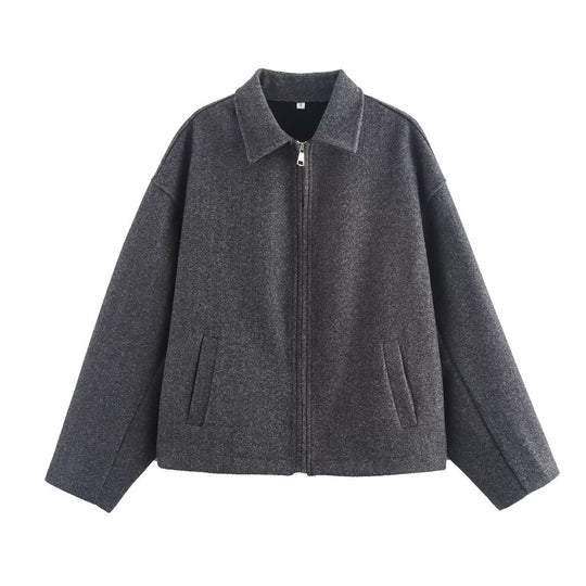Damen Boxy Wollmix-Bomberjacke mit Hemdkragen, verdecktem Reißverschluss und Eingrifftaschen Nord Taschen