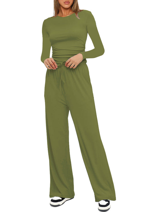 Damen Figurbetontes Longsleeve mit seitlicher Raffung und High-Waist Palazzo-Jogginghose Set Nord Taschen