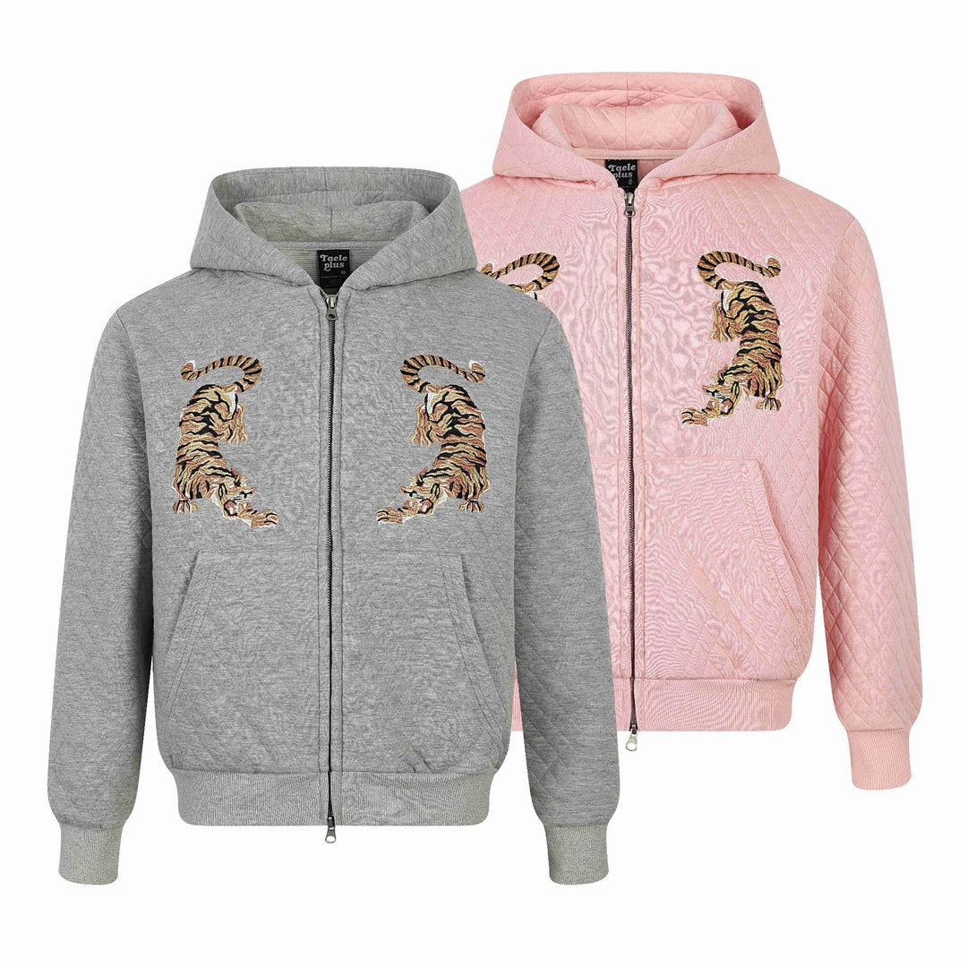 Unisex Gesteppte Kapuzenjacke mit Reißverschluss, Kängurutasche und spiegelnder Tiger‑Stickerei Nord Taschen