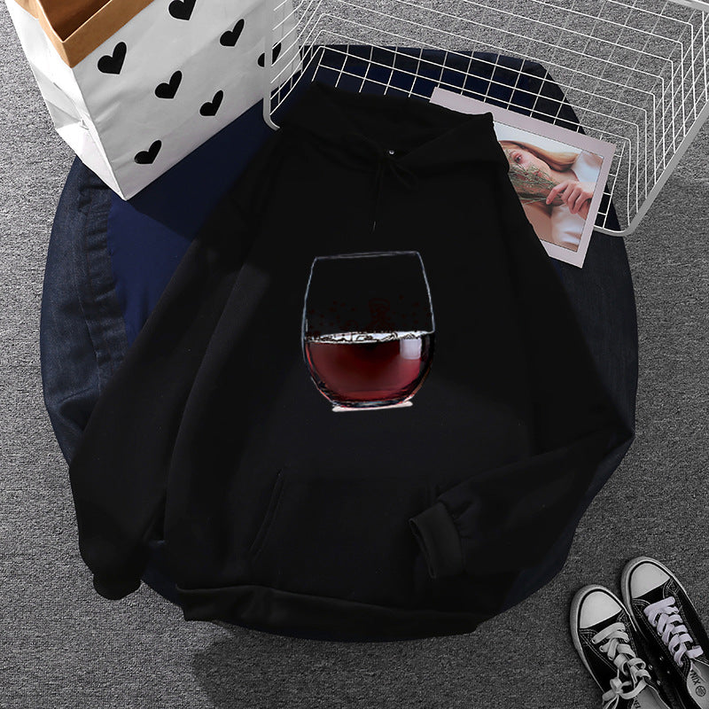 Damen nan lässiger Kapuzenhoodie mit fotorealistischer Weinglas‑Grafik, Kängurutasche und weichem Fleece Nord Taschen
