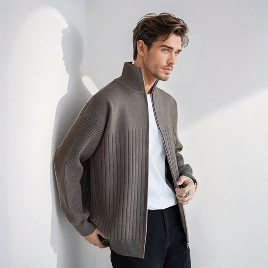 Herren Halbzip-Strickpullover mit hohem Stehkragen und breitem Rippenmuster Nord Taschen