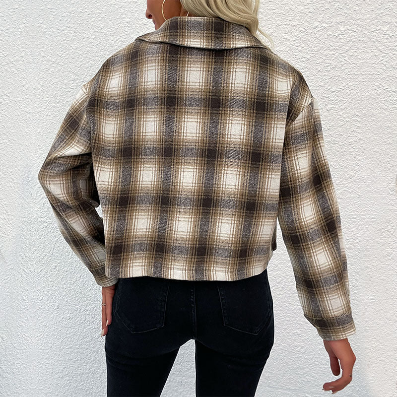 Damen Karierte Kurzgeschnittene Übergangsjacke mit Hemdkragen Nord Taschen