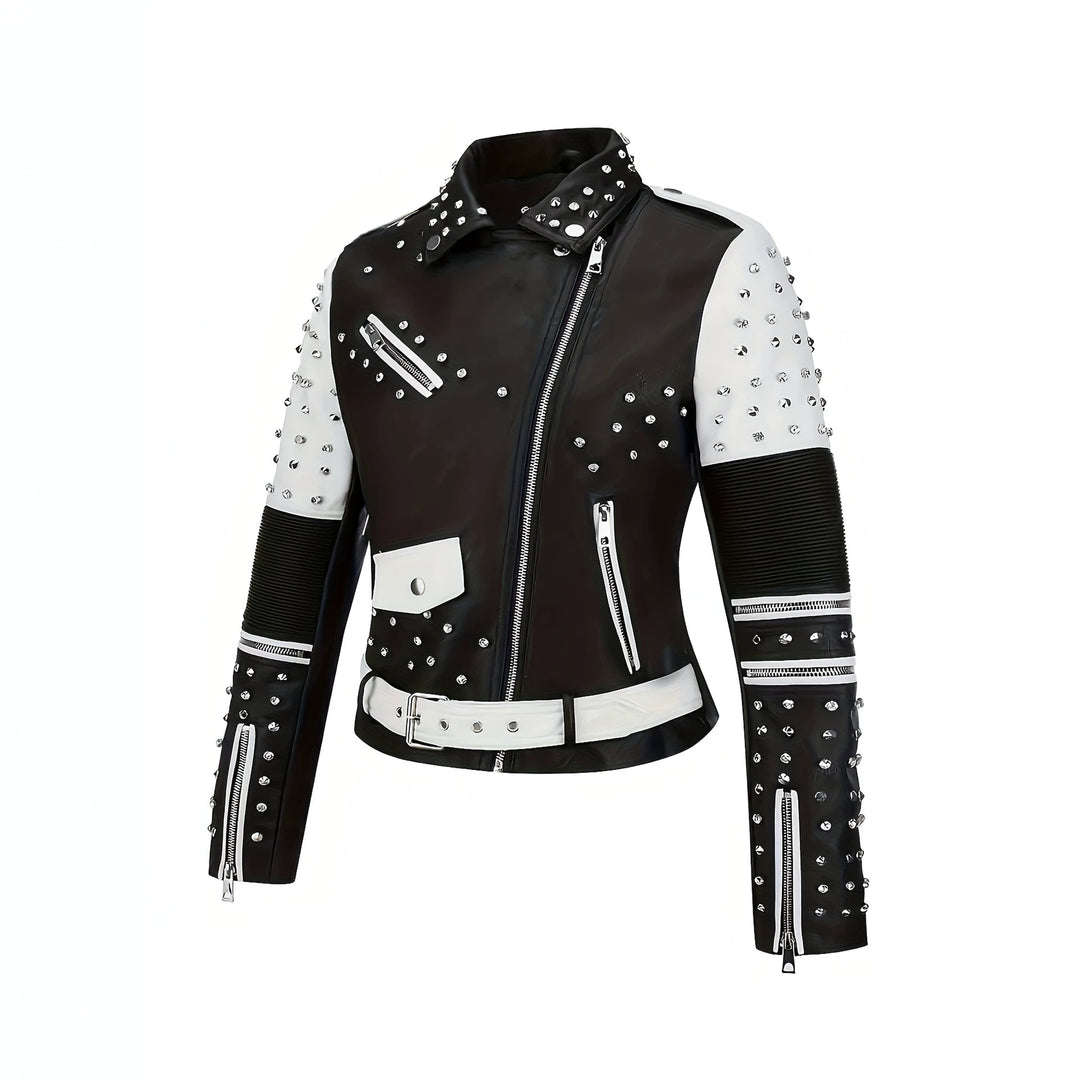 Damen Nietenbesetzte Bikerjacke aus Kunstleder mit Taillengürtel Nord Taschen