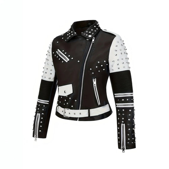 Damen Nietenbesetzte kontrastierende Bikerjacke mit Taillengürtel Nord Taschen