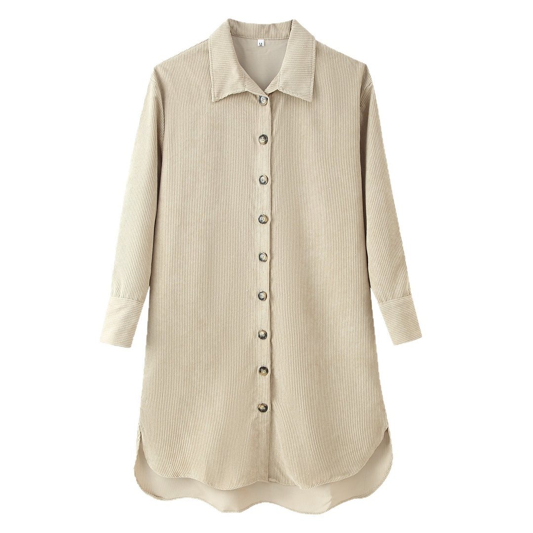 Damen Langes Hemdkleid aus Cord‑Ripp mit durchgehender Knopfleiste, Hemdkragen und abgerundetem Saum Nord Taschen