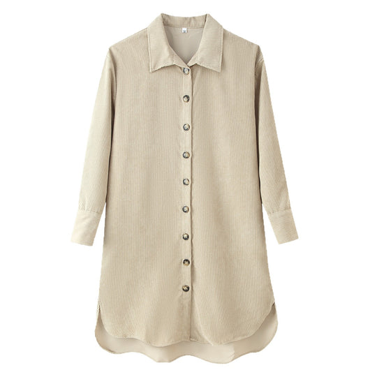 Damen Langes Hemdkleid aus Cord‑Ripp mit durchgehender Knopfleiste, Hemdkragen und abgerundetem Saum Nord Taschen