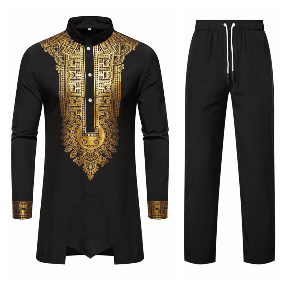 Herren Traditionelles Tunika-Set mit Stehkragen und goldfarbenem Ornamentdruck, Longshirt & Tunnelzughose Nord Taschen