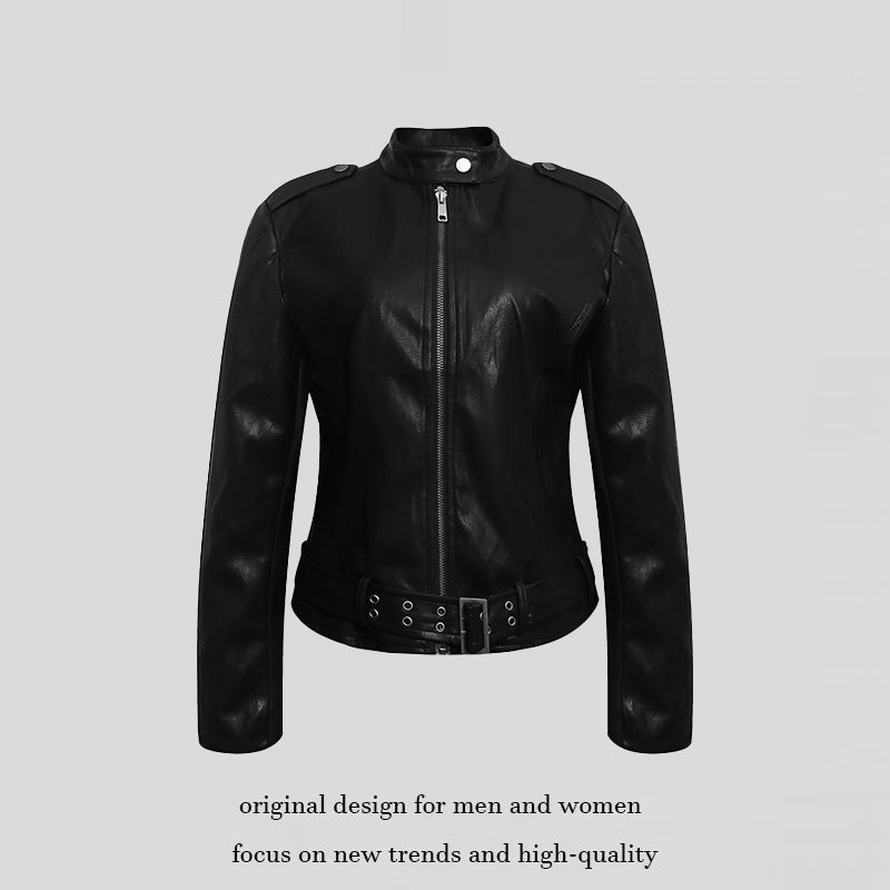 Damen Taillierte Lederoptik-Jacke mit Stehkragen, Schulterklappen und Taillengürtel Nord Taschen
