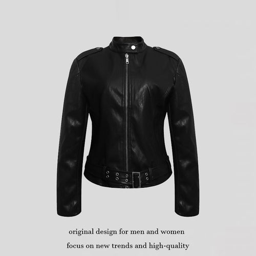 Damen Taillierte Lederoptik-Jacke mit Stehkragen, Schulterklappen und Taillengürtel Nord Taschen