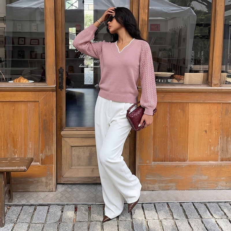 Damen V-Ausschnitt Strickpullover mit Jacquard-Muster Nord Taschen