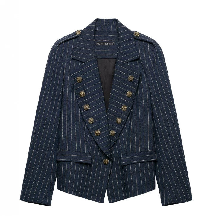 Damen Doppelreihiger Nadelstreifen‑Blazer im Military‑Look mit Zierknöpfen und Schulterklappen Nord Taschen