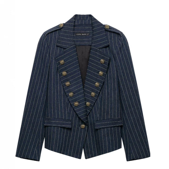 Damen Doppelreihiger Nadelstreifen‑Blazer im Military‑Look mit Zierknöpfen und Schulterklappen Nord Taschen