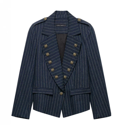 Damen Doppelreihiger Nadelstreifen‑Blazer im Military‑Look mit Zierknöpfen und Schulterklappen Nord Taschen