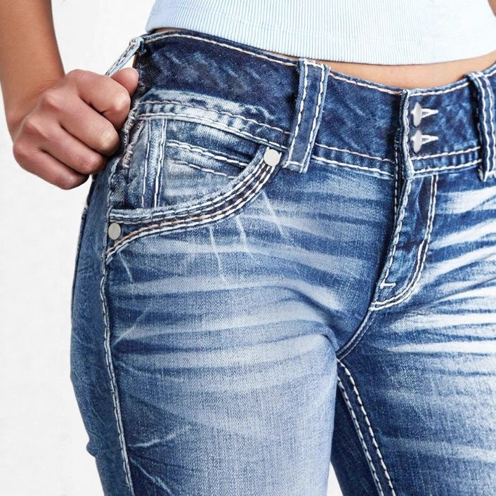 Damen enge High-Waist Skinny-Jeans mit sichtbarer Kontrastnaht Nord Taschen