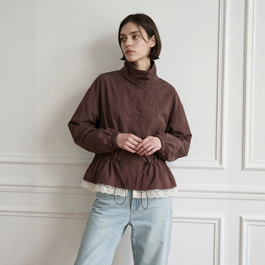 Damen Oversize-Windjacke mit hohem Stehkragen, Tunnelzug-Taille und elastischen Bündchen Nord Taschen