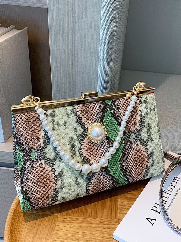 Damen elegante Abendtasche im Schlangenleder-Look mit Perlenakzent Nord Taschen