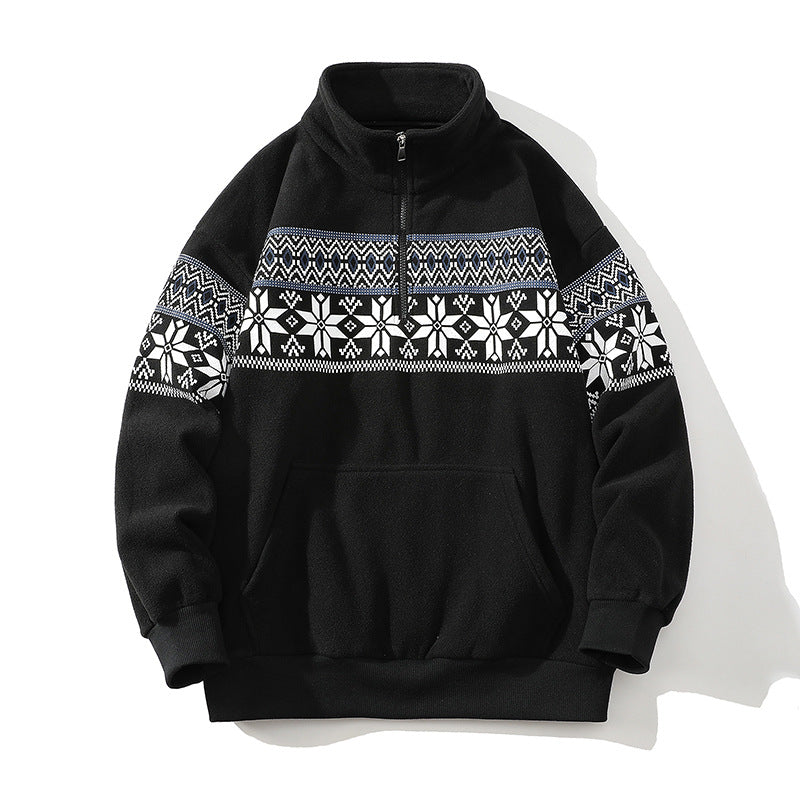 Unisex Norwegermuster-Fleecejacke mit Stehkragen, durchgehendem Reißverschluss und Kordelzug Nord Taschen