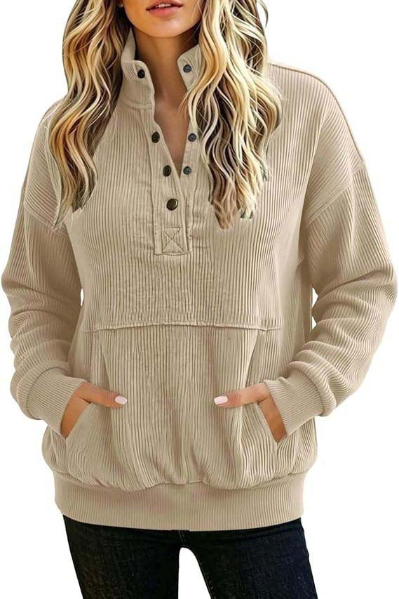 Damen gerippter Henley-Pullover mit Stehkragen und Kängurutasche Nord Taschen