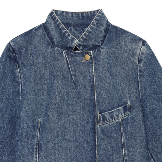 Damen Boxy Cropped Jeansjacke mit Stehkragen und dreiviertel Ärmeln Nord Taschen