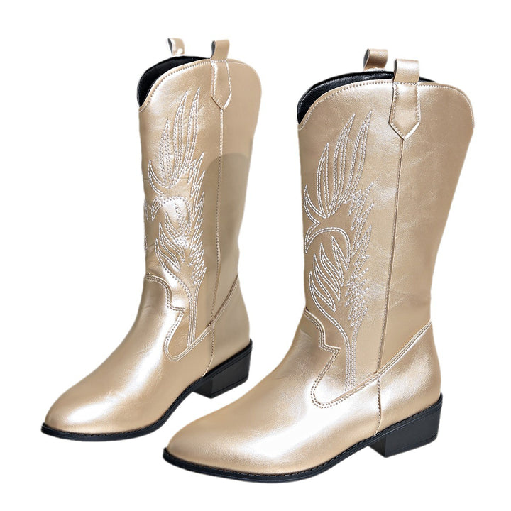 Damen nan Cowgirl-Kniehoher Stiefel mit dekorativer Stickerei, Pull‑Tabs und komfortablem Blockabsatz Nord Taschen