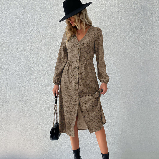 Damen V‑Ausschnitt Midikleid mit Knopfleiste, taillierter Schnitt und Ballonärmeln Nord Taschen