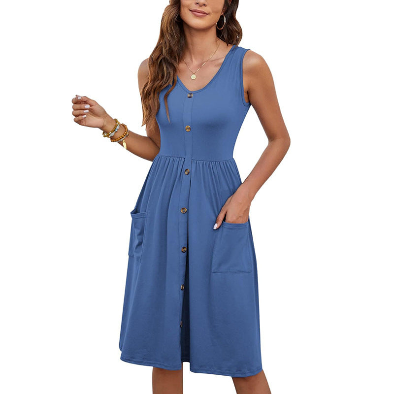 Damen Knielanges Sommerkleid mit Knopfdetails und praktischen Taschen