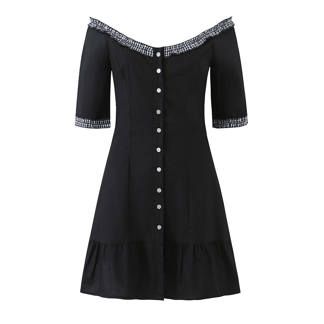 Damen Off-Shoulder Carmenkleid mit Knopfleiste, taillierter A‑Linie und kariertem Rüschenbesatz Nord Taschen