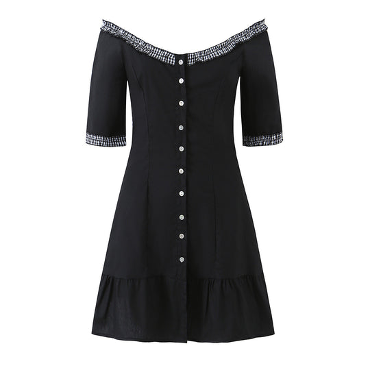 Damen Off-Shoulder Carmenkleid mit Knopfleiste, taillierter A‑Linie und kariertem Rüschenbesatz Nord Taschen