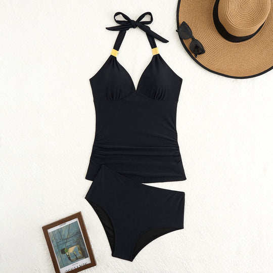 Damen eleganter Badeanzug mit raffiniertem V-Ausschnitt und goldenen Details
