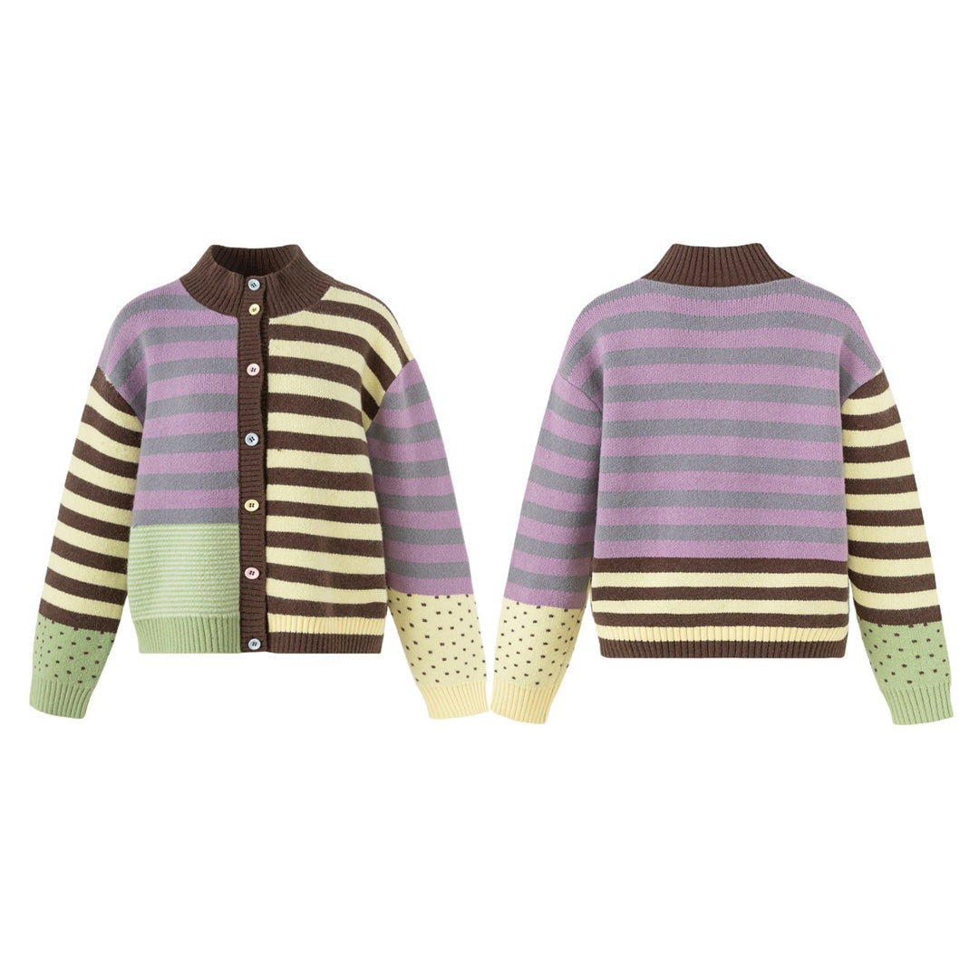 Damen Strickjacke im Patchwork-Streifenmix mit Stehkragen und Knopfleiste Nord Taschen