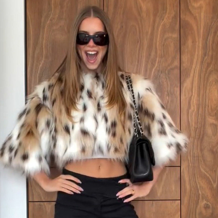 Damen Kurz geschnittener Kunstfell‑Bolero mit Leopardenmuster und voluminösen dreiviertel‑Ärmeln Nord Taschen