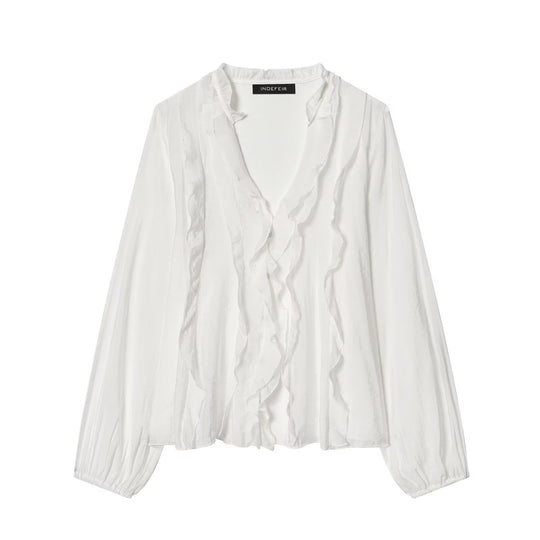 Damen Transparente Crinkle-Bluse mit Volantkragen, Rüschenfront und Ballonärmeln Nord Taschen