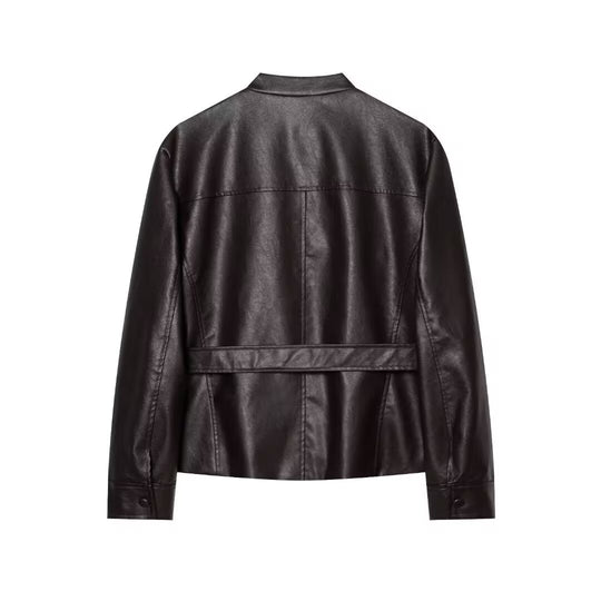 Damen Kurzjacke aus Kunstleder mit Taillengürtel, Pattentaschen und Stehkragen Nord Taschen