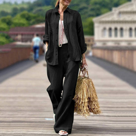 Damen Leichtes Leinen-Zweiteiler-Set mit lockerer Hemdbluse und weiter High-Waist-Hose Nord Taschen
