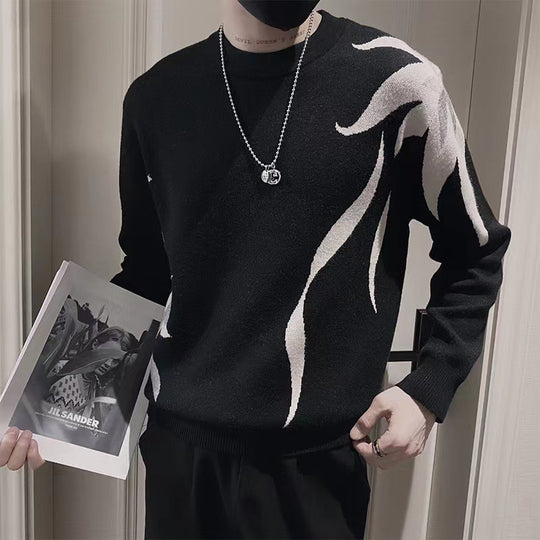 Herren Strickpullover mit abstraktem Flammen‑Jacquard und Rundhalsausschnitt Nord Taschen