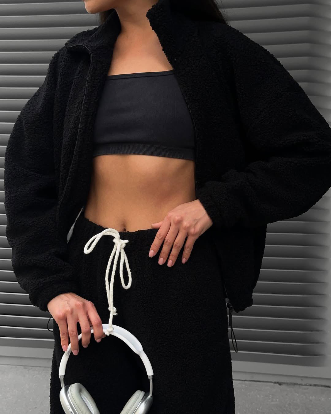 Damen Teddy-Fleece-Loungewear Set mit halbem Reißverschluss elastischem Tunnelzugbund und weitem Bein Arvani