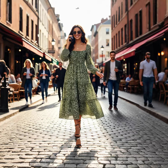 Damen Midikleid mit quadratischem Ausschnitt, gerafftem Rückenteil und Stufenrock Nord Taschen