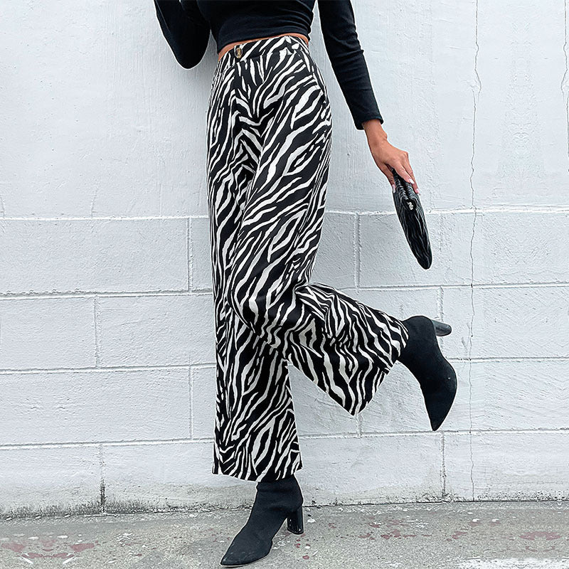 Damen Weite Palazzo-Hose mit Animal-Zebra-Muster, hohem Bund und Gürtelschlaufen Nord Taschen