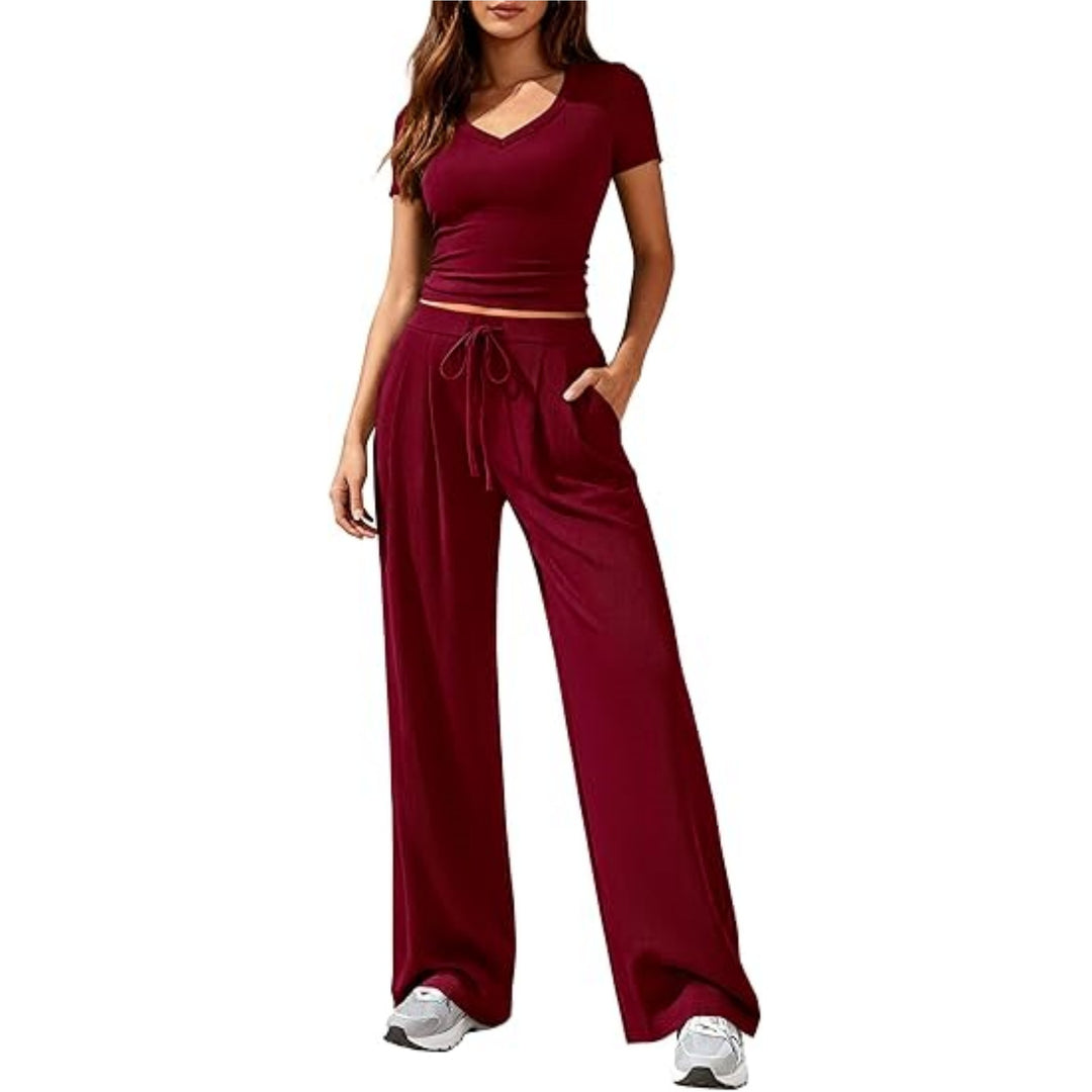 Damen Lässiges Lounge-Set mit tailliertem V-Ausschnitt bauchfreiem Top und weitem Kordelbund-Hose Nord Taschen