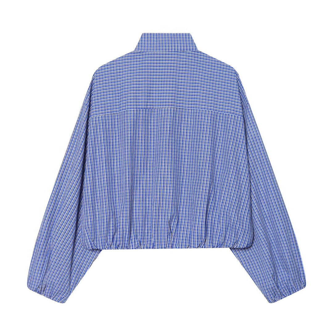 Damen Kariertes Cropped-Hemd mit Stehkragen, Kordelzugsaum und Ballonärmeln Nord Taschen