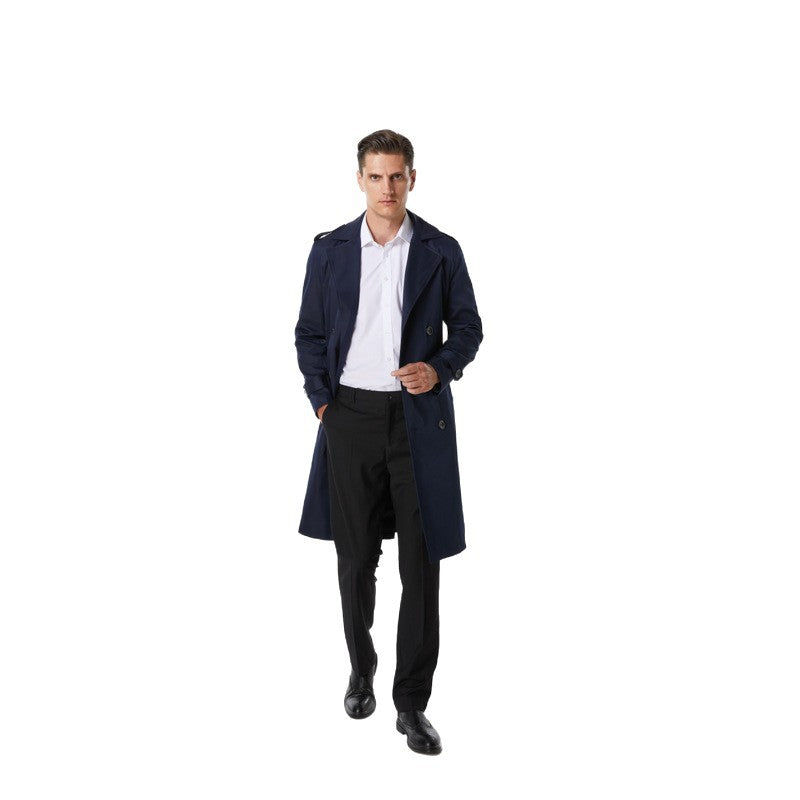 Herren Knielanger Trenchcoat im klassischen Doppelreiher mit Schulterklappen und Taillengürtel Nord Taschen