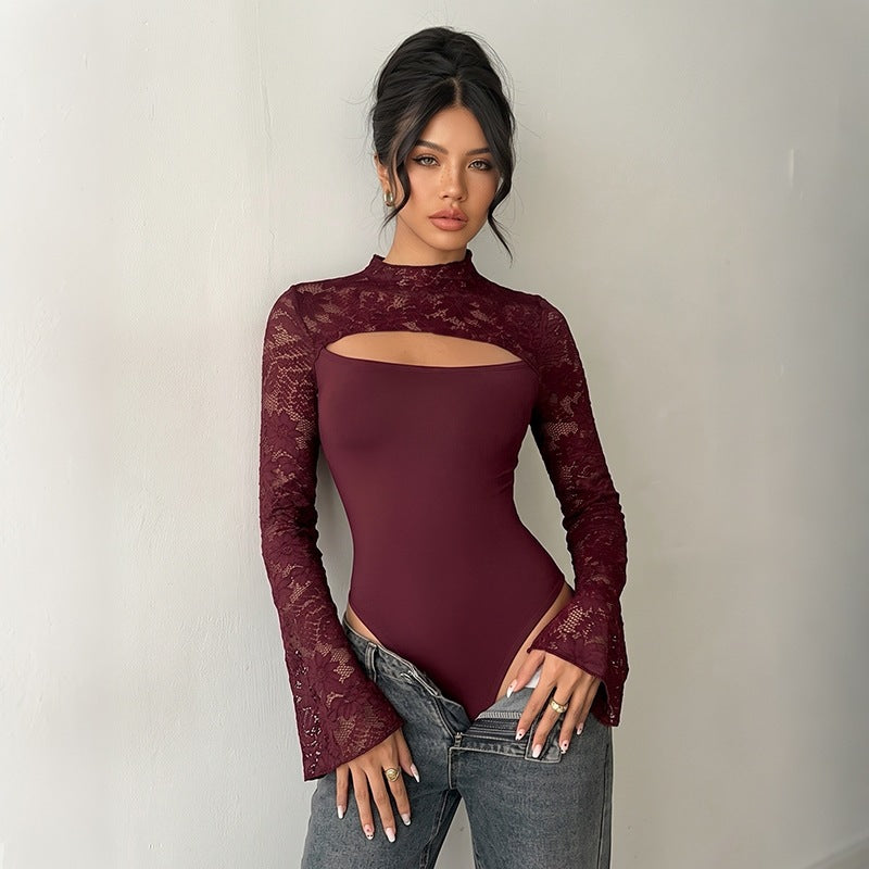 Damen Spitzen-Bodysuit mit Cut-Out, Carmen‑Optik und ausgestellten Trompetenärmeln Nord Taschen