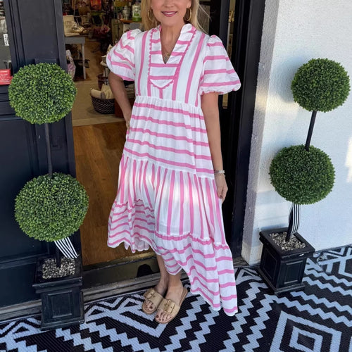 Damen Gestreiftes Maxi-Kleid mit Stufenrock, Rüschenblende und Puffärmeln Nord Taschen