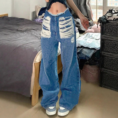 Damen hochgeschnittene weite Jeanshose aus Denim mit stark zerstörter Front und rohem Bund Nord Taschen
