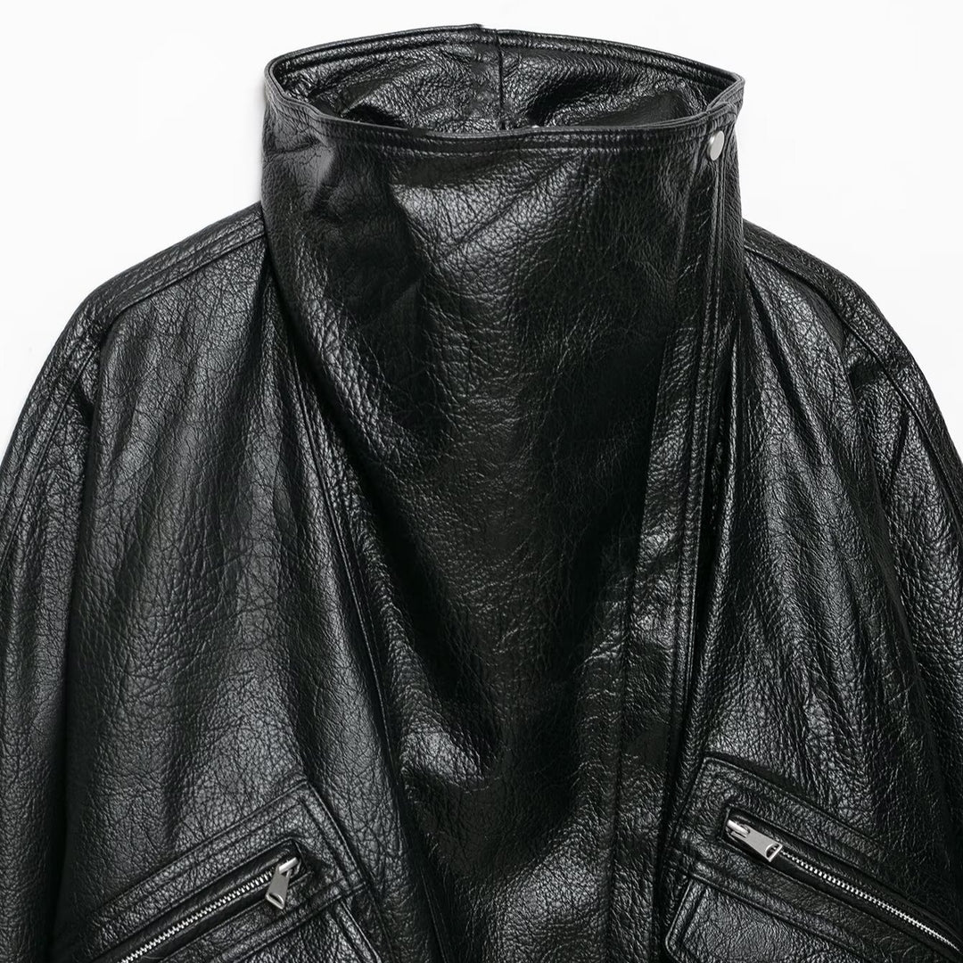 Damen Oversized Kunstlederjacke mit hohem Stehkragen und Zipper-Taschen Nord Taschen