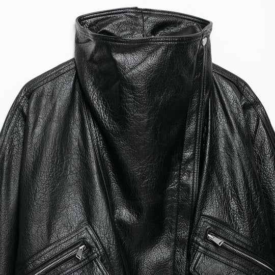 Damen Oversized Kunstlederjacke mit hohem Stehkragen und Zipper-Taschen Nord Taschen