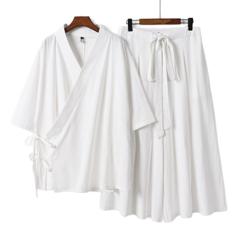Damen Kimono-Loungewear-Set aus leichter Viskose mit Wickeloberteil und weitem Culotte-Hosenrock Nord Taschen